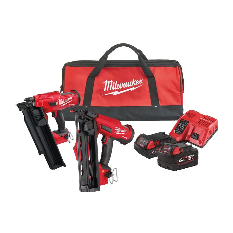 Milwaukee M18FPP2BE-522B 18v Fuel Twin Nail Gun Kit 1x 5.0ah 1x 2.0ah Battery, Charger and Tool Bag