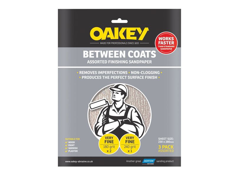 Oakey OAK58625 Between Coats Finishing Sandpaper 230 x 280mm Assorted (3)