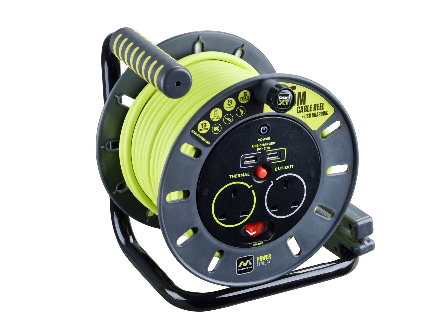 Masterplug MSTOMU25132 PRO-XT Open Cable Reel 240V 13A 2-Socket &amp; 2 USB (2.1A Shared) 25m