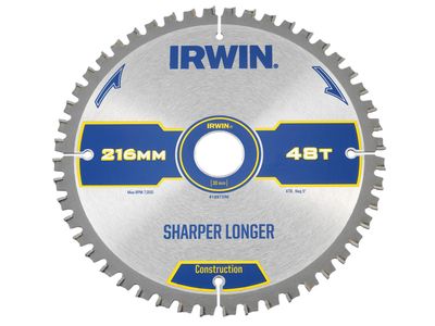 IRWIN IRW1897396 Construction Mitre Circular Saw Blade 216 x 30mm x 48T ATB/Neg