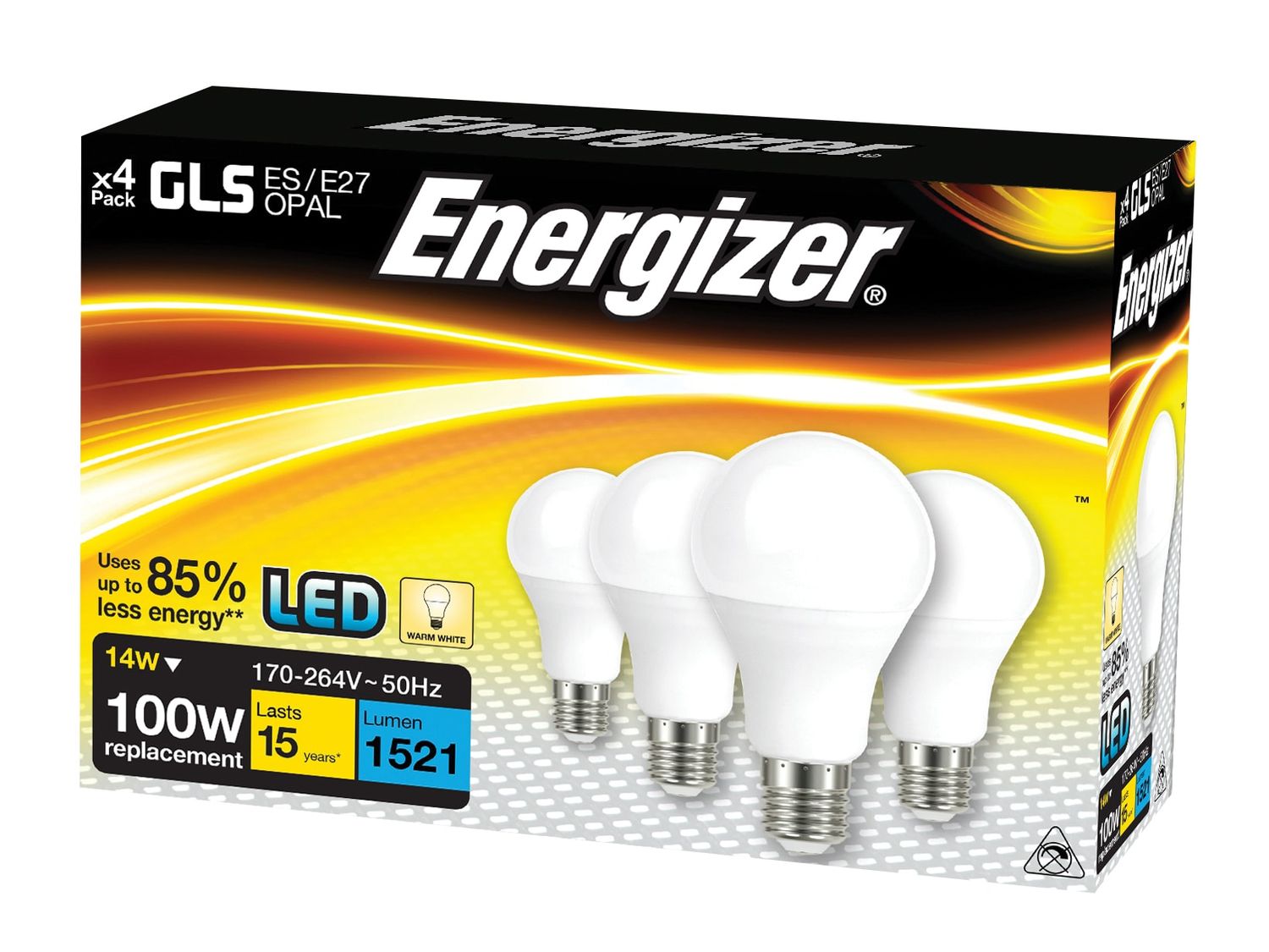 Energizer ENGS14424 LED ES (E27) Opal GLS Non-Dimmable Bulb, Warm White 1521 lm 13.2W (Pack 4)