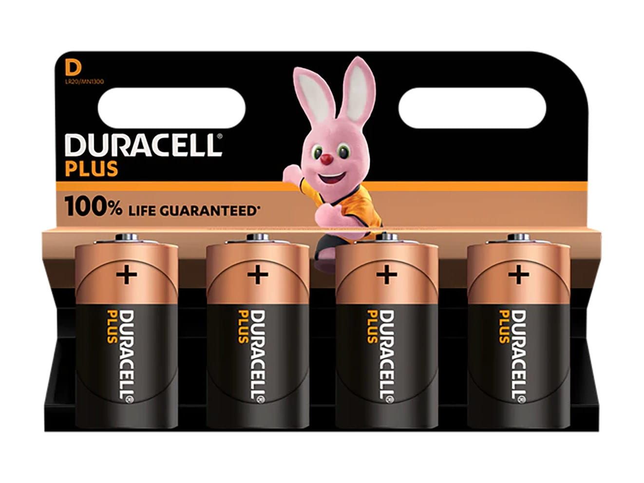 Duracell DURD100PP4 D Cell +100% Plus Power Batteries (Pack 4)