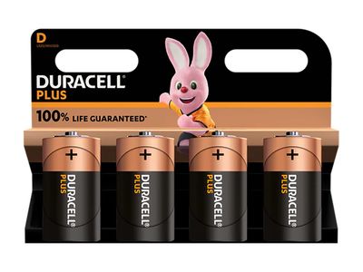 Duracell DURD100PP4 D Cell +100% Plus Power Batteries (Pack 4)