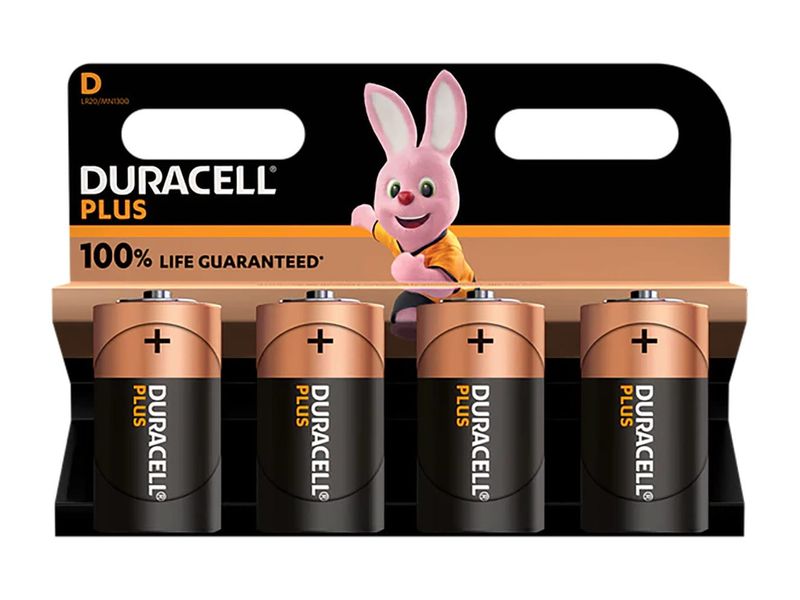 Duracell DURD100PP4 D Cell +100% Plus Power Batteries (Pack 4)