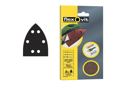 Flexovit FLV26408 Detail Hook &amp; Loop Sanding Sheets 95x145mm Medium 80G (Pack 6)