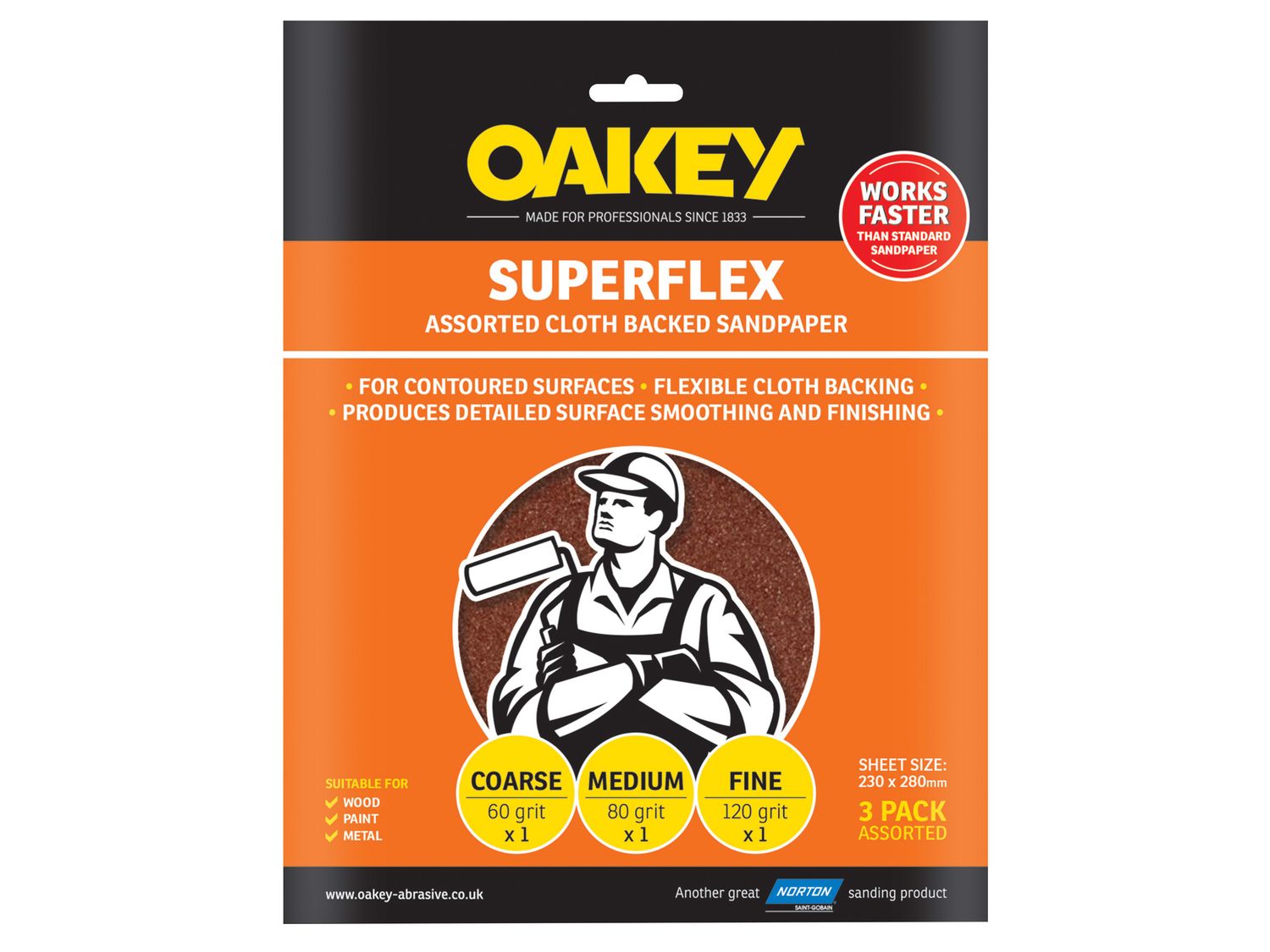 Oakey OAK26734 Superflex Cloth Backed Aluminium Oxide Sheets 230 x 280mm Assorted (3)