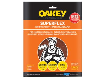 Oakey OAK26734 Superflex Cloth Backed Aluminium Oxide Sheets 230 x 280mm Assorted (3)