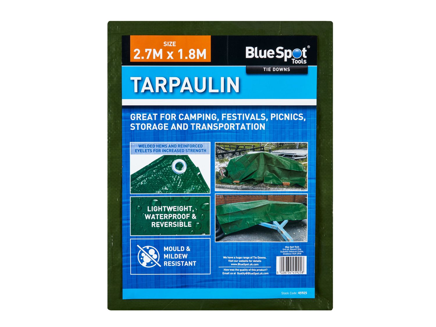 BlueSpot Tools B/S45925 Green Tarpaulin 2.7 x 1.8m