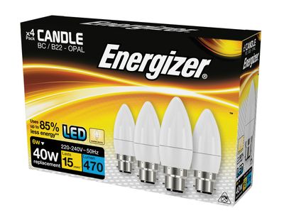 Energizer ENGS14331 LED BC (B22) Opal Candle Non-Dimmable Bulb, Warm White 470 lm 5.2W (Pack 4)