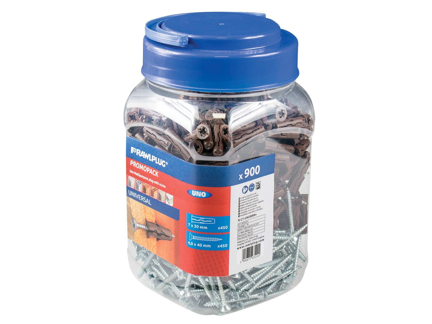 Rawlplug RAWRC1UNOBRN Brown UNO Plugs &amp; Screws in Jar (450 Plugs + 450 Screws)