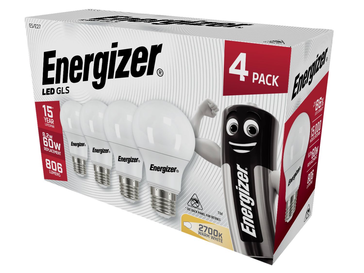 Energizer ENGS14057 LED ES (E27) Opal GLS Non-Dimmable Bulb, Warm White 806 lm 8.2W (Pack 4)