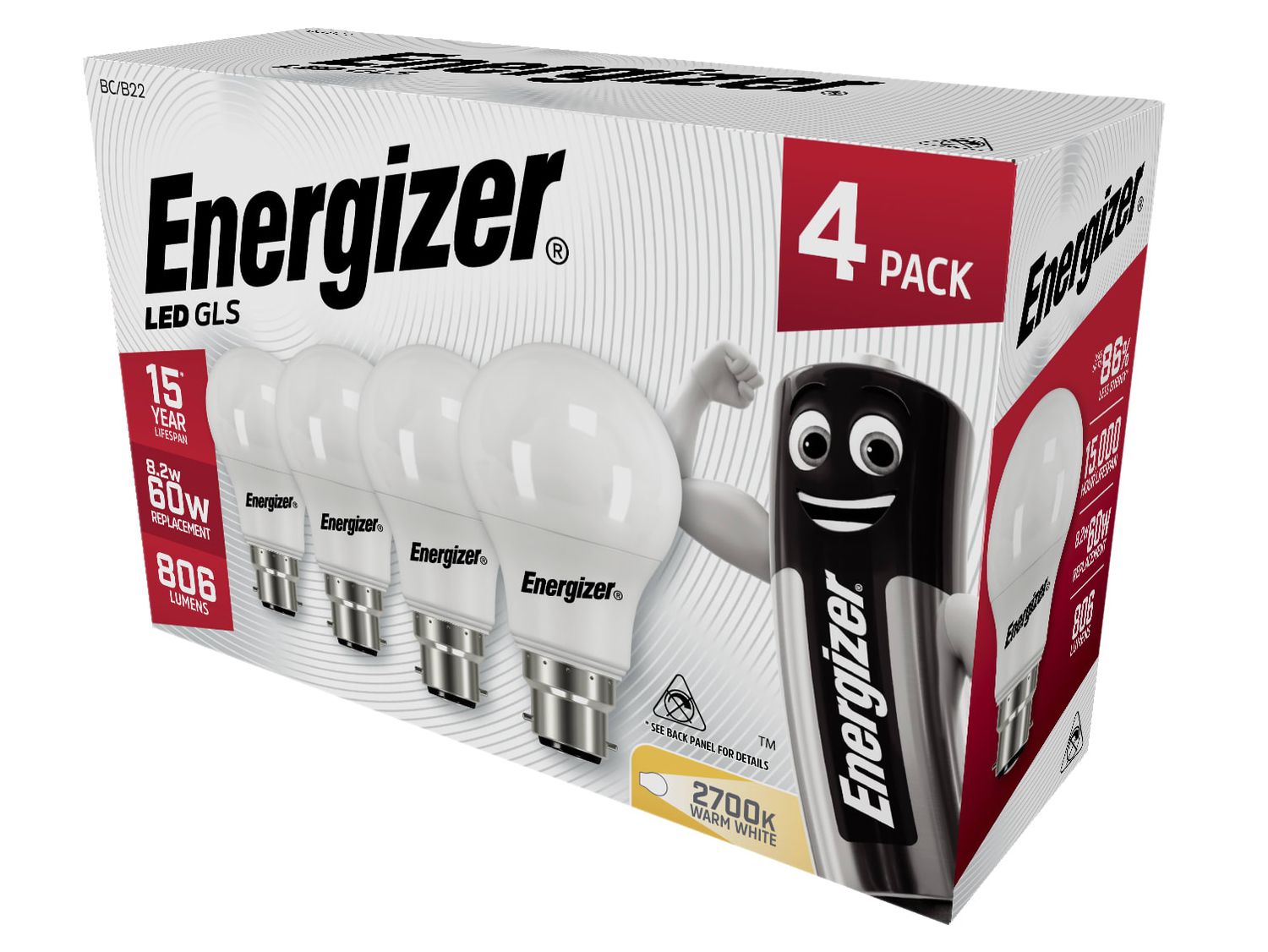 Energizer ENGS14056 LED BC (B22) Opal GLS Non-Dimmable Bulb, Warm White 806 lm 8.2W (Pack 4)