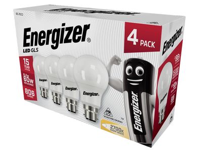 Energizer ENGS14056 LED BC (B22) Opal GLS Non-Dimmable Bulb, Warm White 806 lm 8.2W (Pack 4)