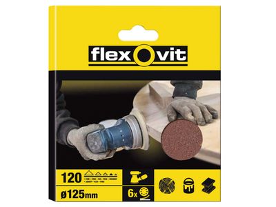 Flexovit FLV26392 Hook &amp; Loop Sanding Disc 125mm Fine 120G 8 Holes (Pack 6)