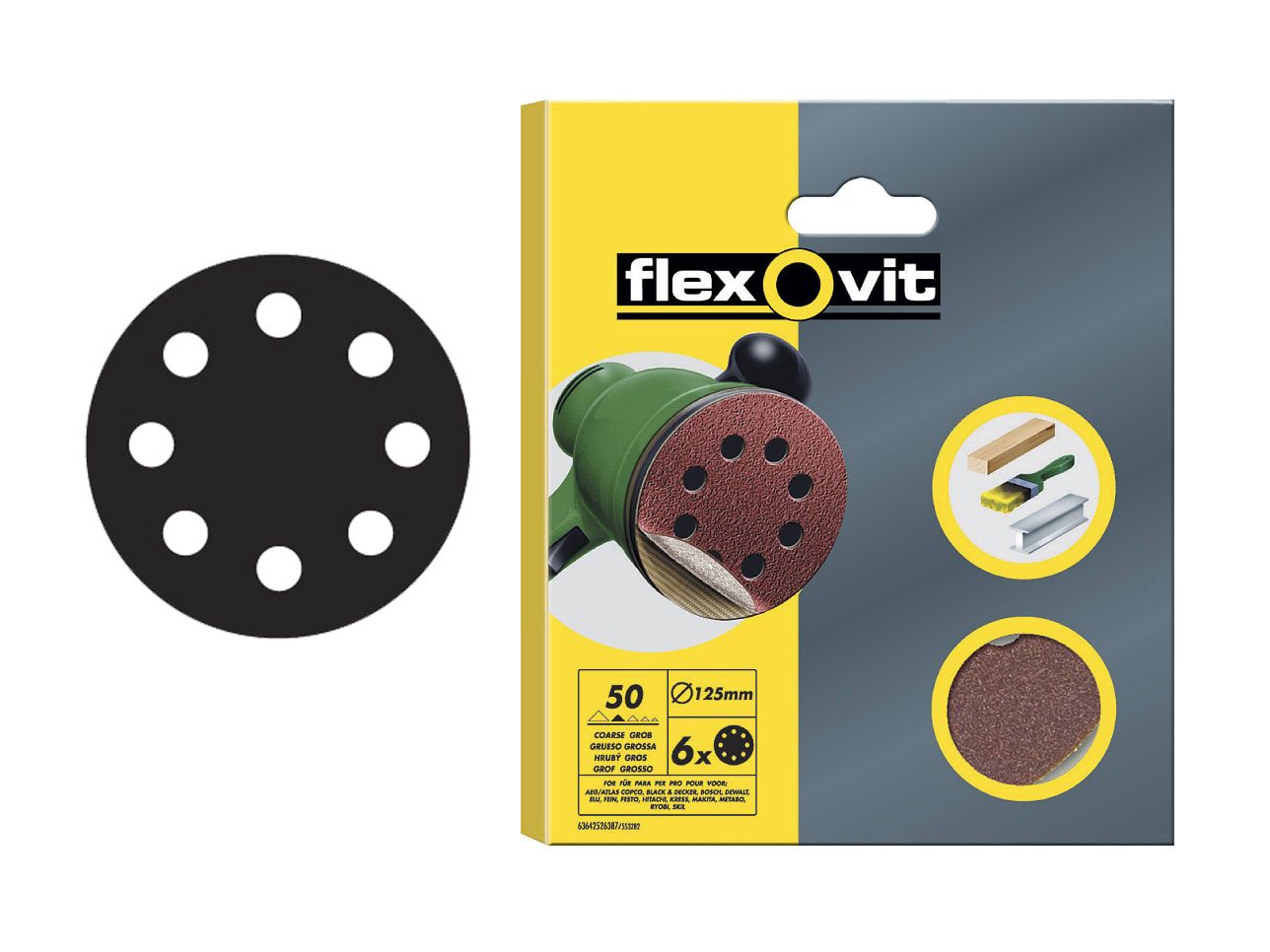 Flexovit FLV26384 Hook &amp; Loop Sanding Disc 115mm Coarse 50G (Pack 6)