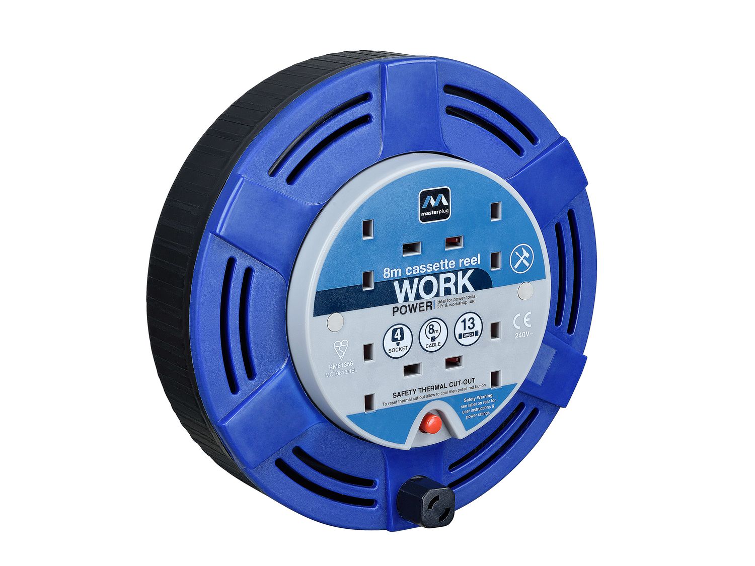 Masterplug MSTMCT08134R Cassette Cable Reel 240V 13A 4-Socket Thermal Cut-Out Blue 8m