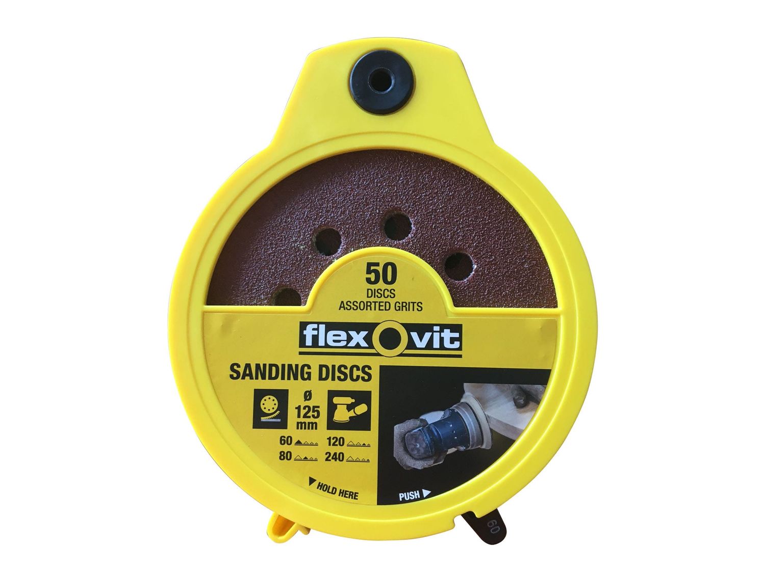 Flexovit FLV747046 Hook &amp; Loop Sanding Disc 125mm Assorted (Dispenser 50)