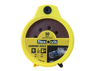 Flexovit FLV747046 Hook &amp; Loop Sanding Disc 125mm Assorted (Dispenser 50)