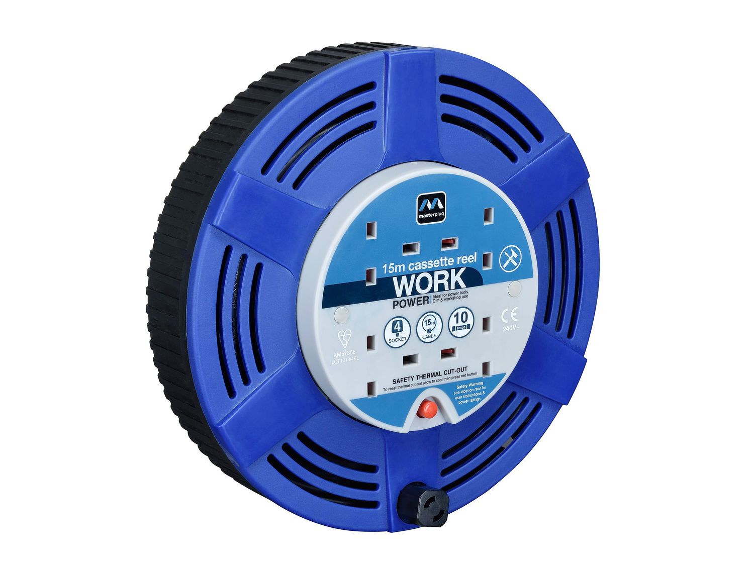 Masterplug MSTLCT15104R Cassette Cable Reel 240V 10A 4-Socket Thermal Cut-Out Blue 15m