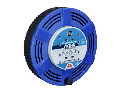 Masterplug MSTLCT15104R Cassette Cable Reel 240V 10A 4-Socket Thermal Cut-Out Blue 15m