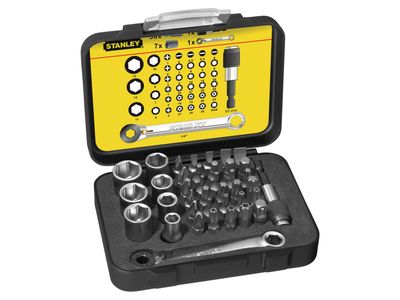 STANLEY STA113907 1/4in Drive Bit &amp; Socket Set of 39 + Ratchet End