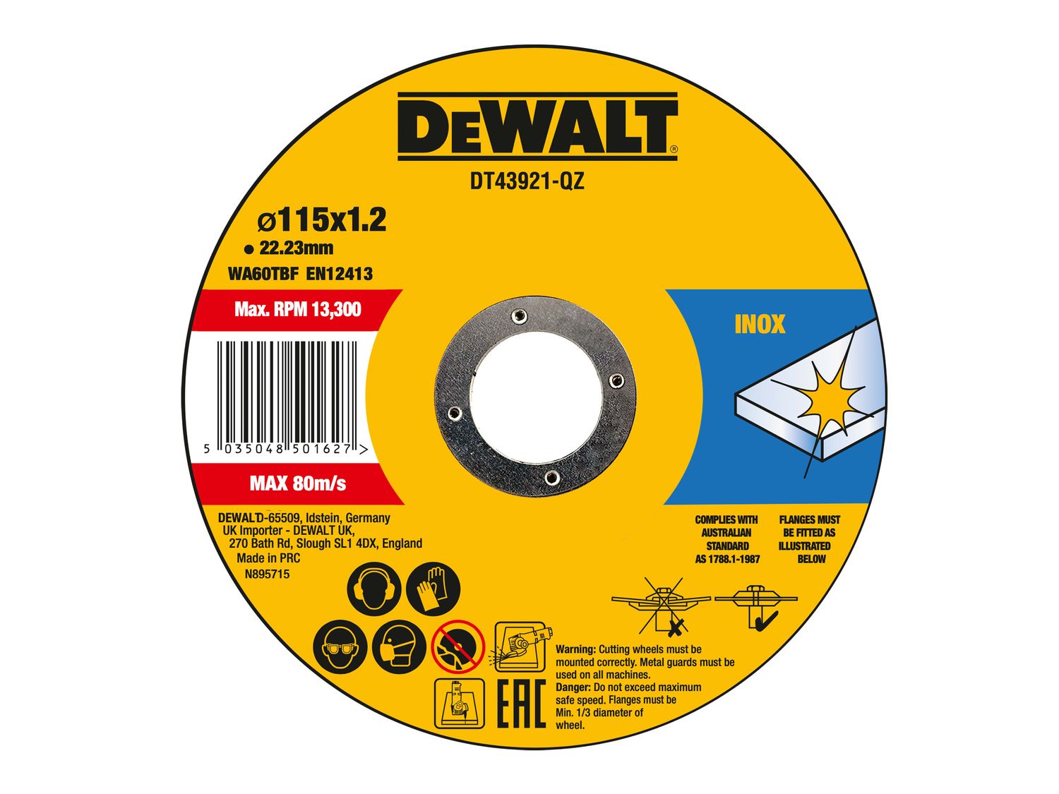 DEWALT DEWDT43921QZ DT43921 Metal Cut Off Disc 115 x 1.2 x 22.23mm (Pack 10)