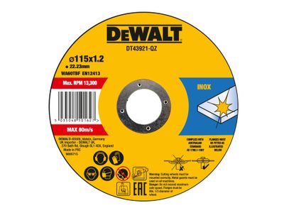 DEWALT DEWDT43921QZ DT43921 Metal Cut Off Disc 115 x 1.2 x 22.23mm (Pack 10)