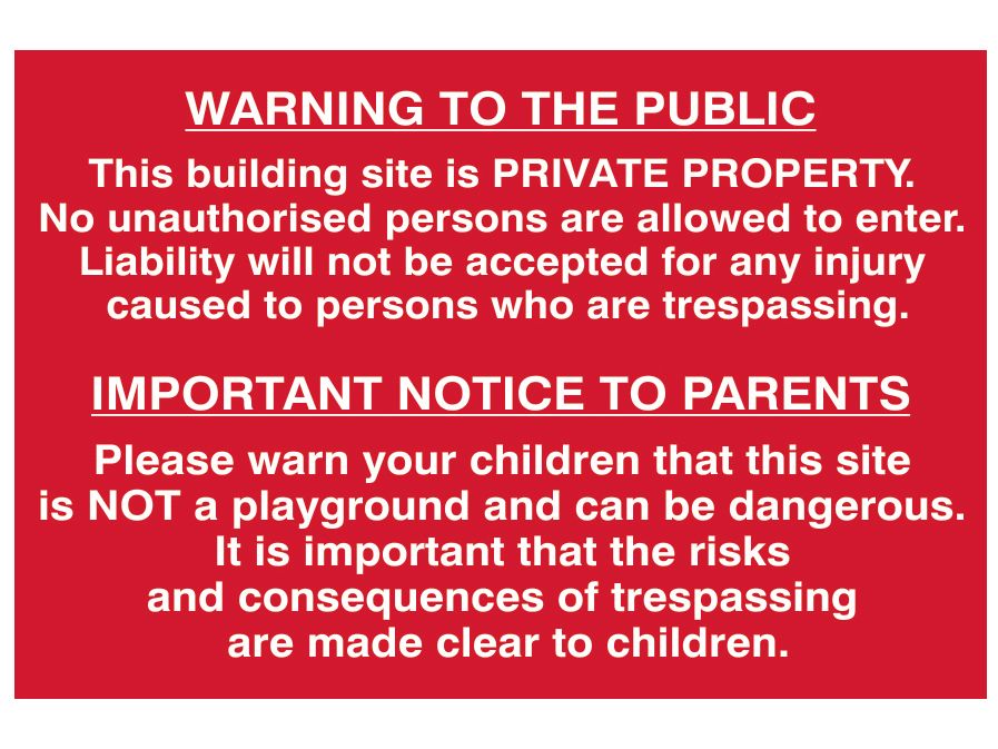 Scan SCA4251 Building Site Warning to Public &amp; Parents - PVC Sign 600 x 400mm