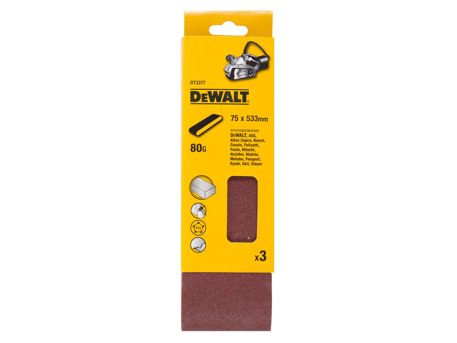 DEWALT DEWDT3377QZ Sanding Belt 533 x 75mm 80G Pack of 3