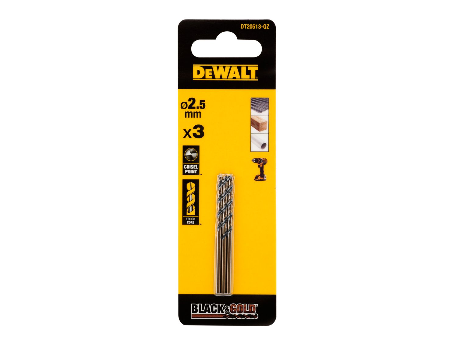 DEWALT DEWDT20513QZ BLACK&amp;GOLD HSS Drill Bits (3) 2.5mm
