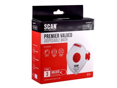 Scan SCAPPEP3FFV Fold Flat Disposable Valved Disposable Mask FFP3 Protection (Pack 3)
