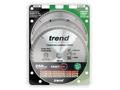 Trend TRECSB250P3 CraftPro Table Saw Blade 250 x 30mm x 48T/60T/84T (Pack 3)