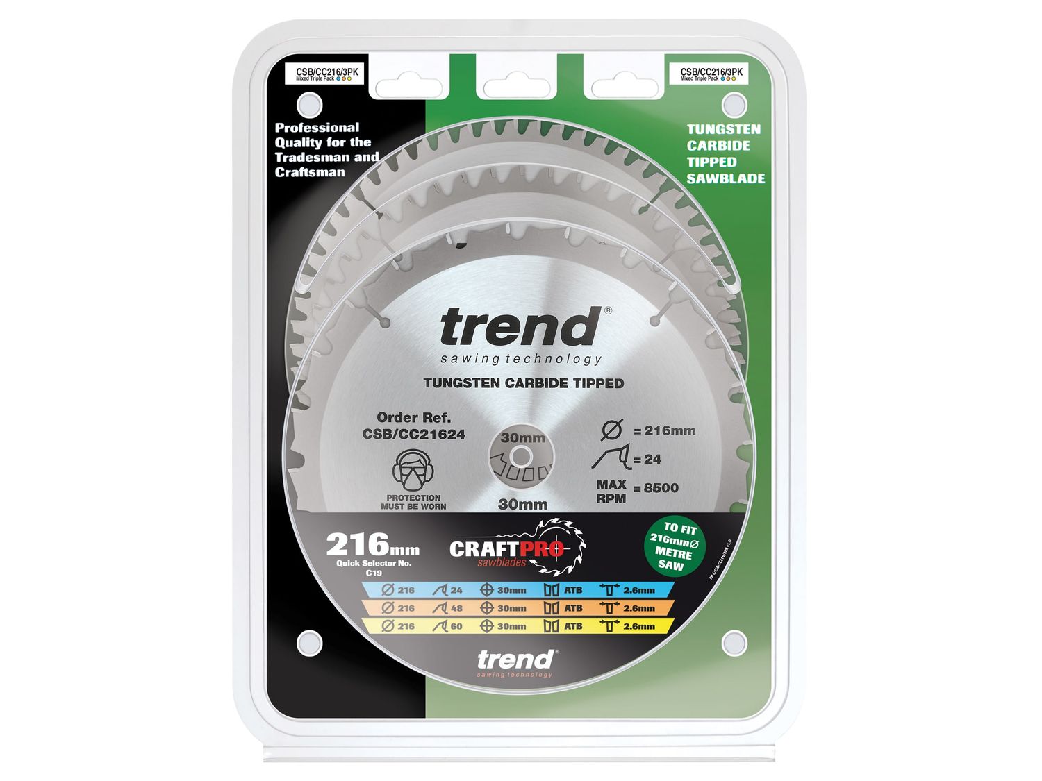 Trend TRECSB216P3 CraftPro Mitre Saw Blade 216 x 30mm x 24T/48T/60T (Pack 3)