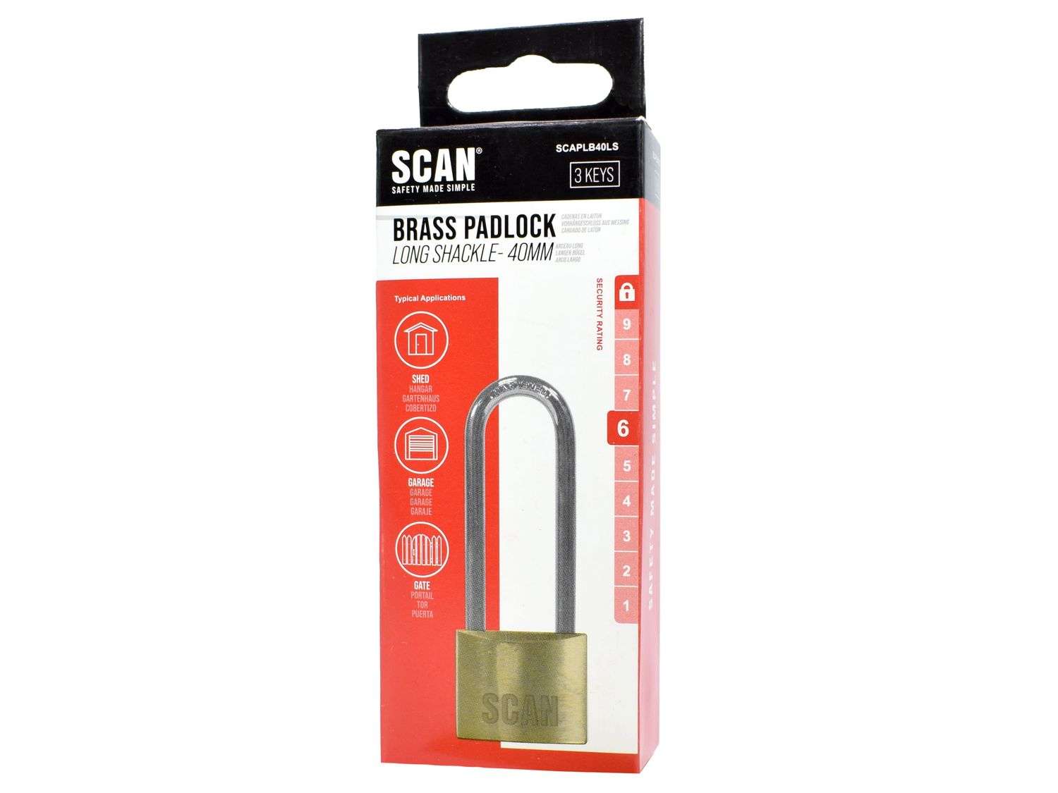 Scan SCAPLB40LS Brass Padlock 40mm Long Shackle