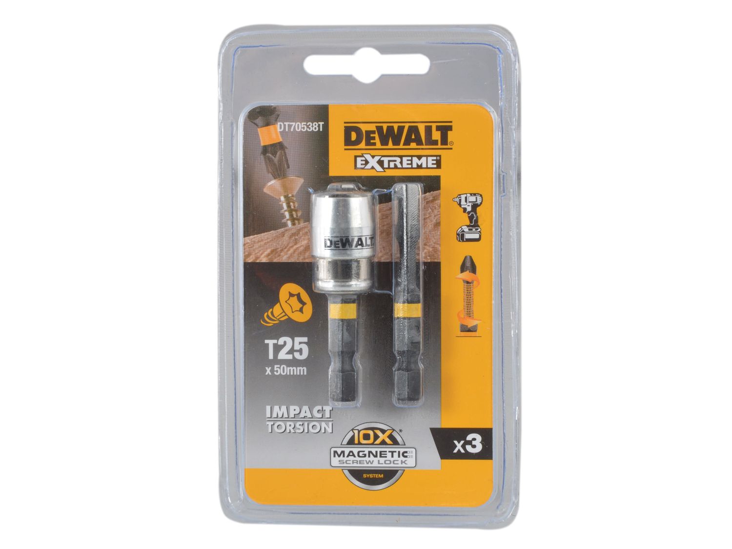 DEWALT DEWDT70538T Impact Torsion Bits TX25 x  50mm (x2) and Magnetic Screwlock Sleeve