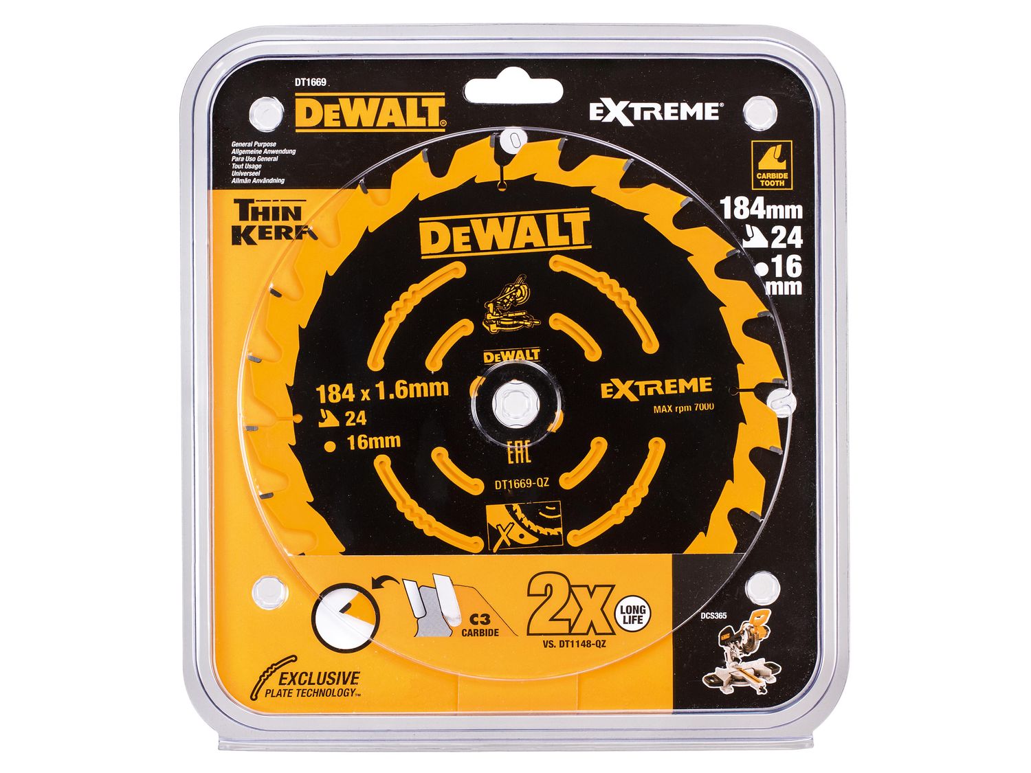 DEWALT DEWDT1669QZ Cordless Mitre Saw Blade For DCS365 184 x 16mm x 24T