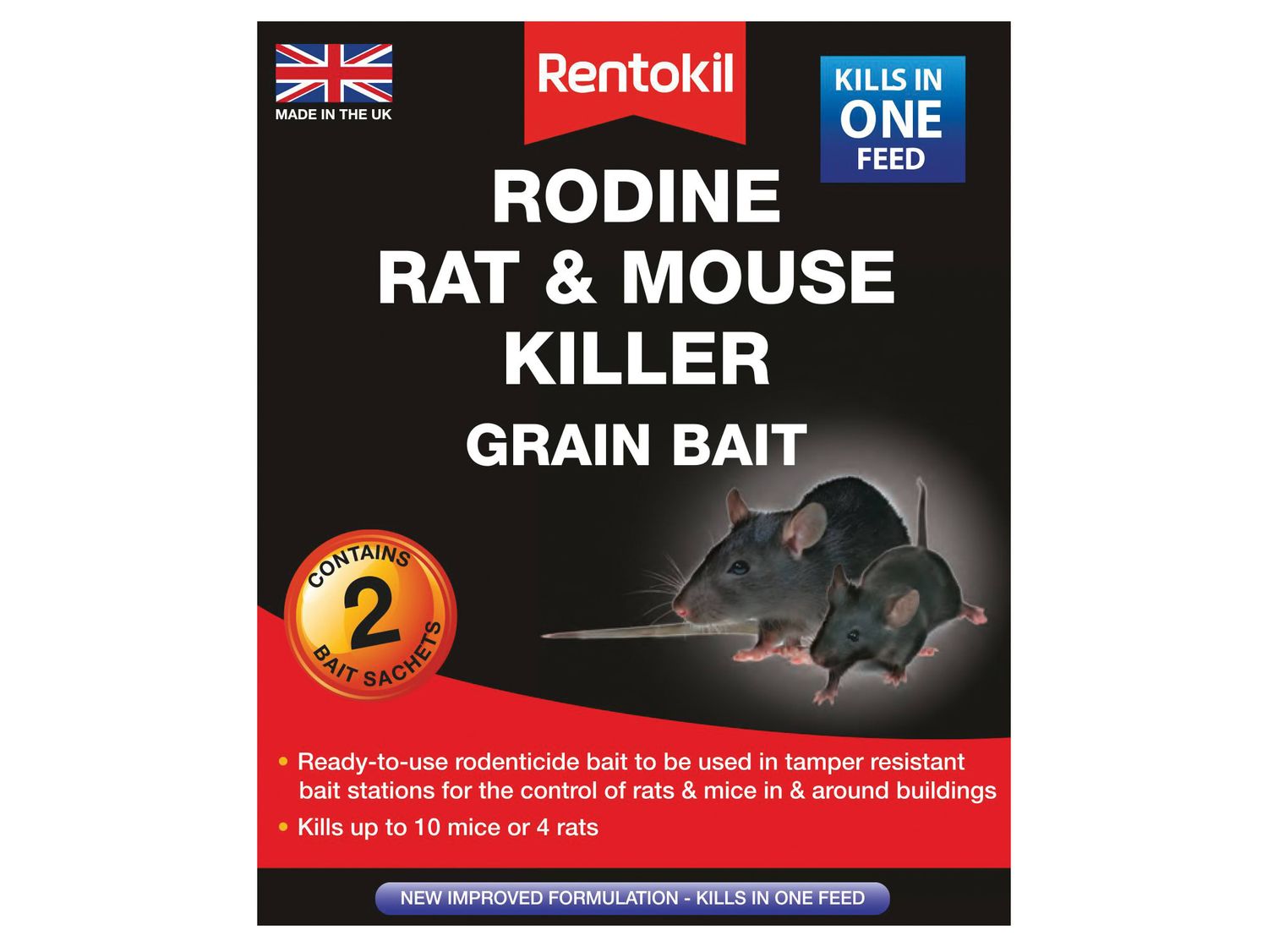 Rentokil RKLPSMR11 Rodine Rat &amp; Mouse Killer Grain Bait (Sachets 2)