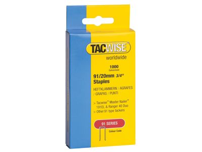 Tacwise TAC0284 91 Narrow Crown Staples 20mm - Electric Tackers (Pack 1000)
