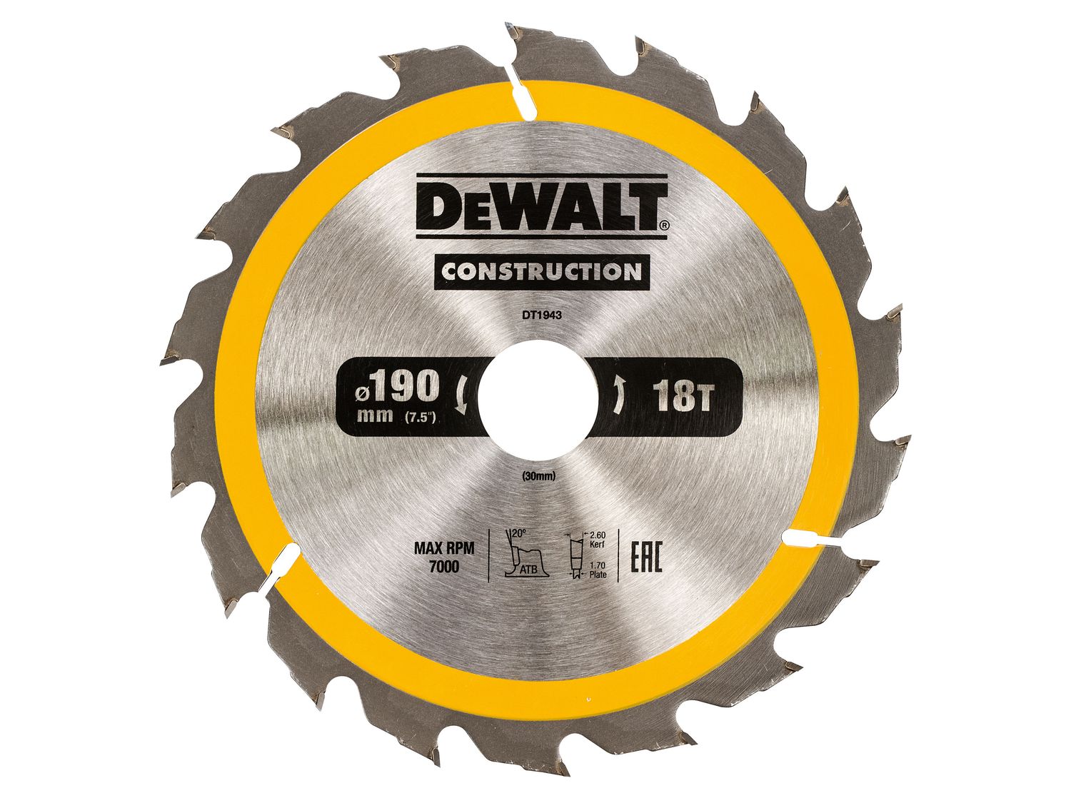 DEWALT DEWDT1943QZ Portable Construction Circular Saw Blade 190 x 30mm x 18T