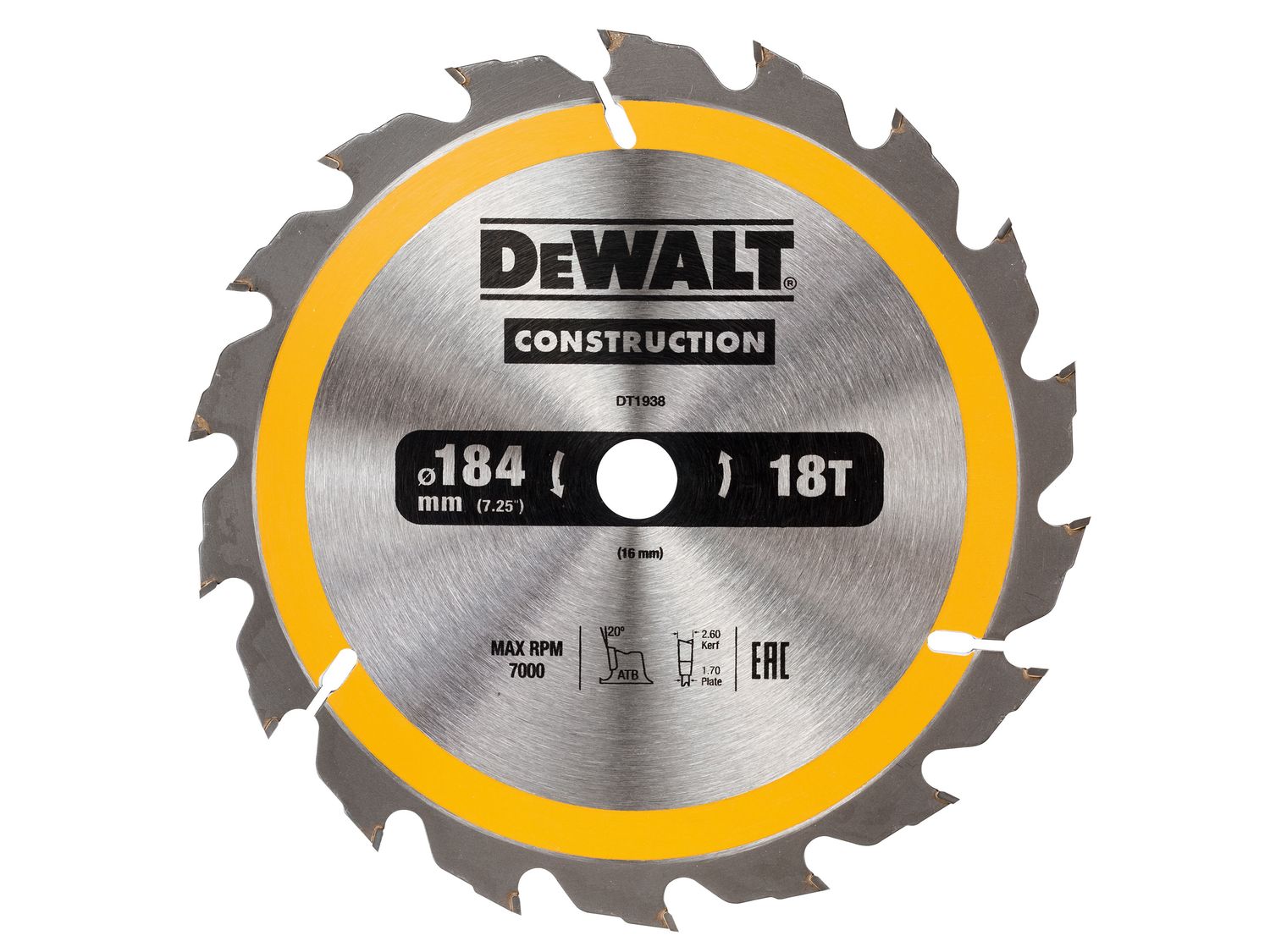 Dewalt DT1938 Portable Construction Circular Saw Blade 184 x 16mm x 18T
