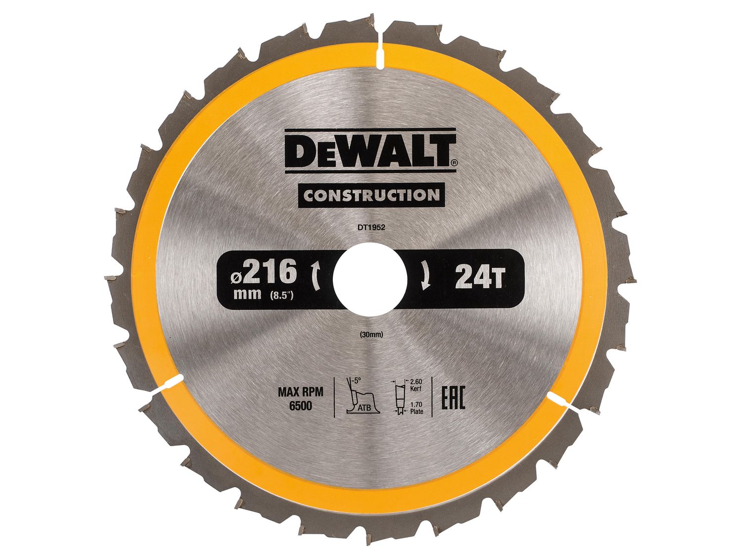 DEWALT DEWDT1952QZ Stationary Construction Circular Saw Blade 216 x 30mm x 24T ATB/Neg