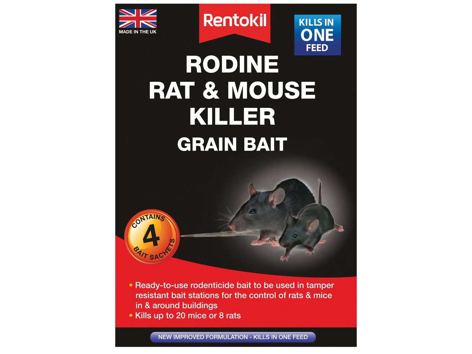 Rentokil RKLPSMR12 Rodine Rat &amp; Mouse Killer Grain Bait (Sachets 4)