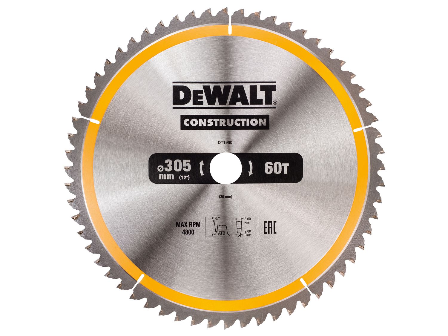 DEWALT DEWDT1960QZ Stationary Construction Circular Saw Blade 305 x 30mm x 60T ATB/Neg