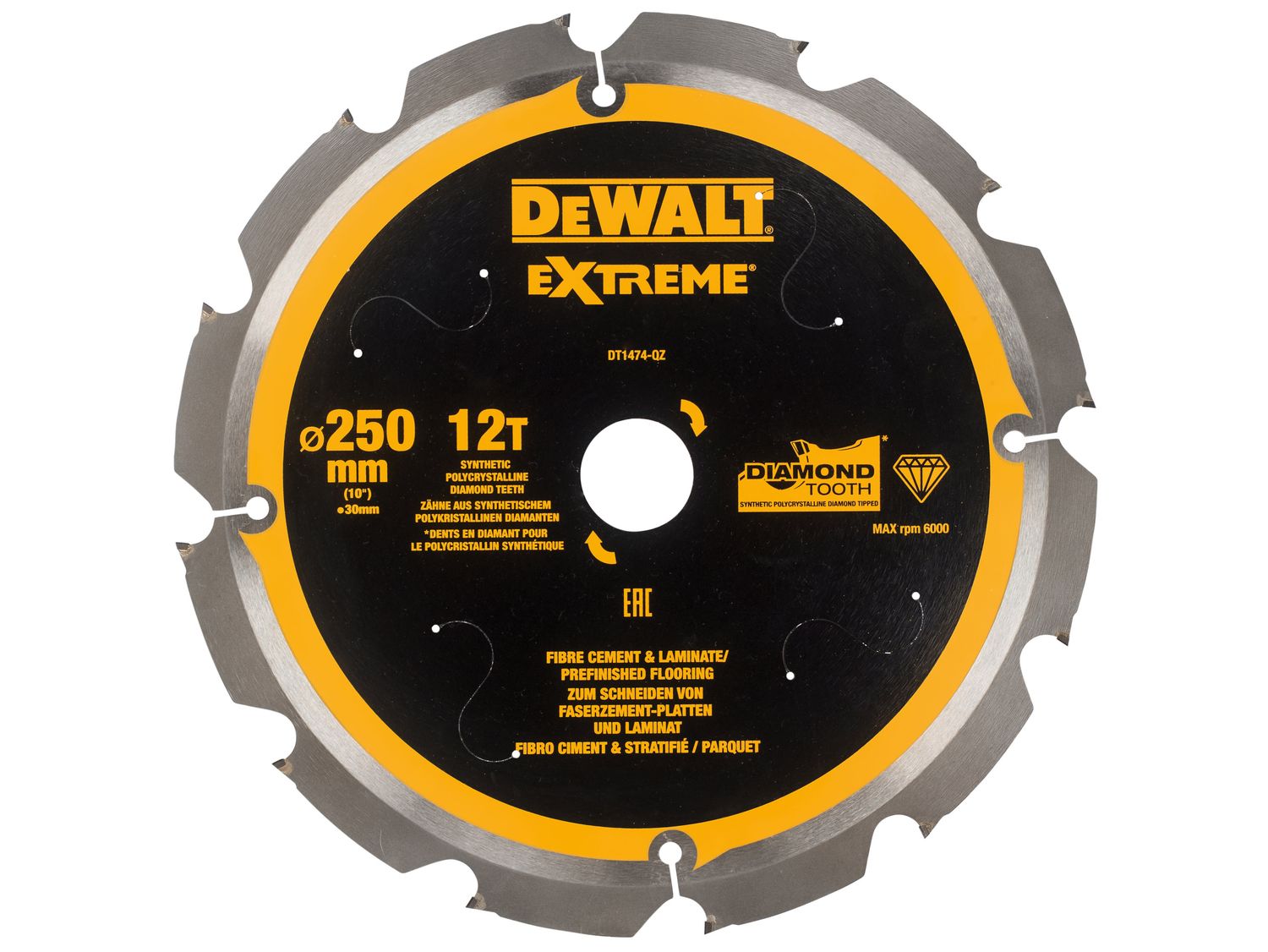 DEWALT DEWDT1474QZ Extreme PCD Fibre Cement Saw Blade 250 x 30mm x 12T