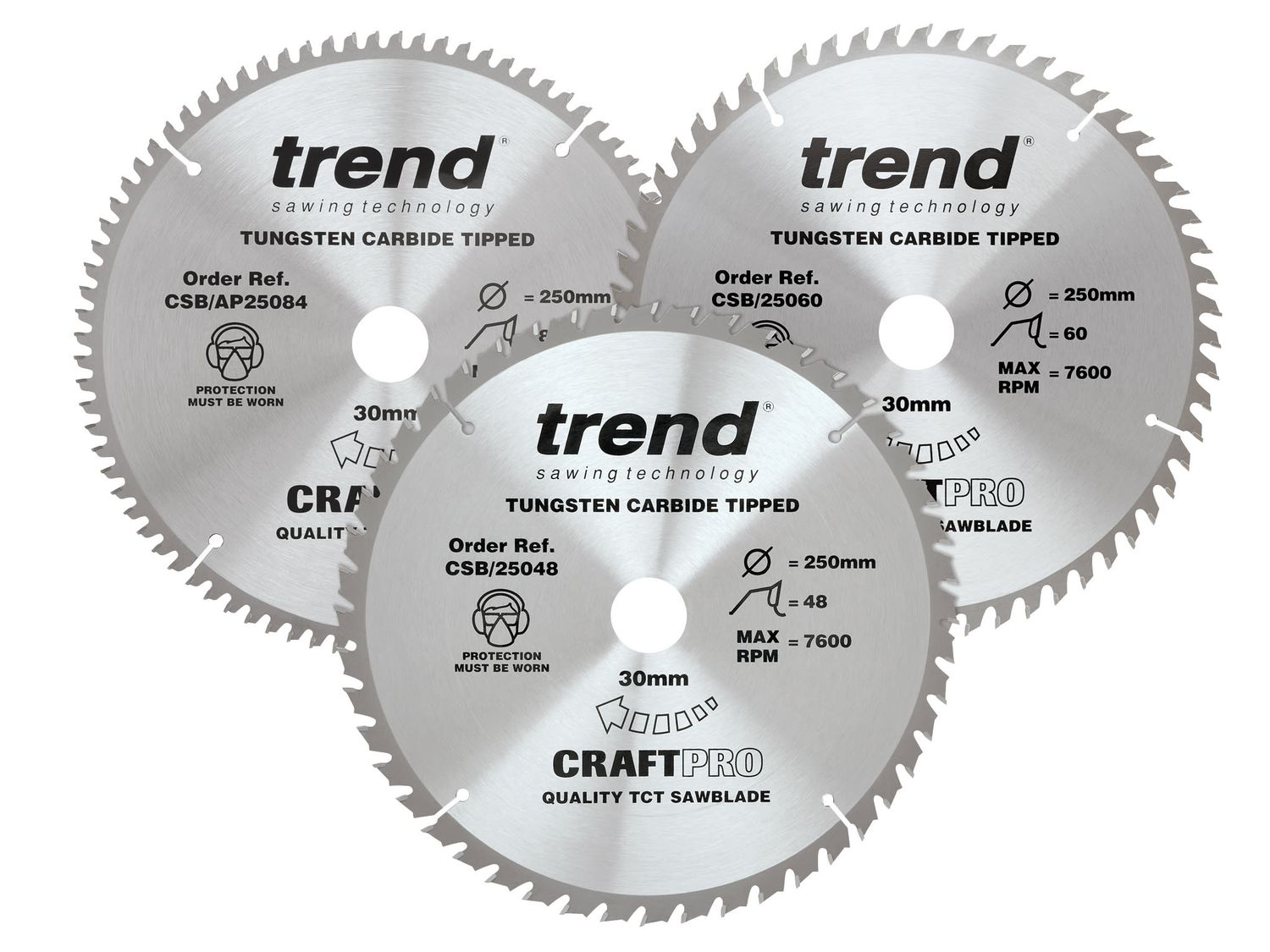 Trend TRECSB250P3 CraftPro Table Saw Blade 250 x 30mm x 48T/60T/84T (Pack 3)