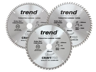 Trend TRECSB250P3 CraftPro Table Saw Blade 250 x 30mm x 48T/60T/84T (Pack 3)
