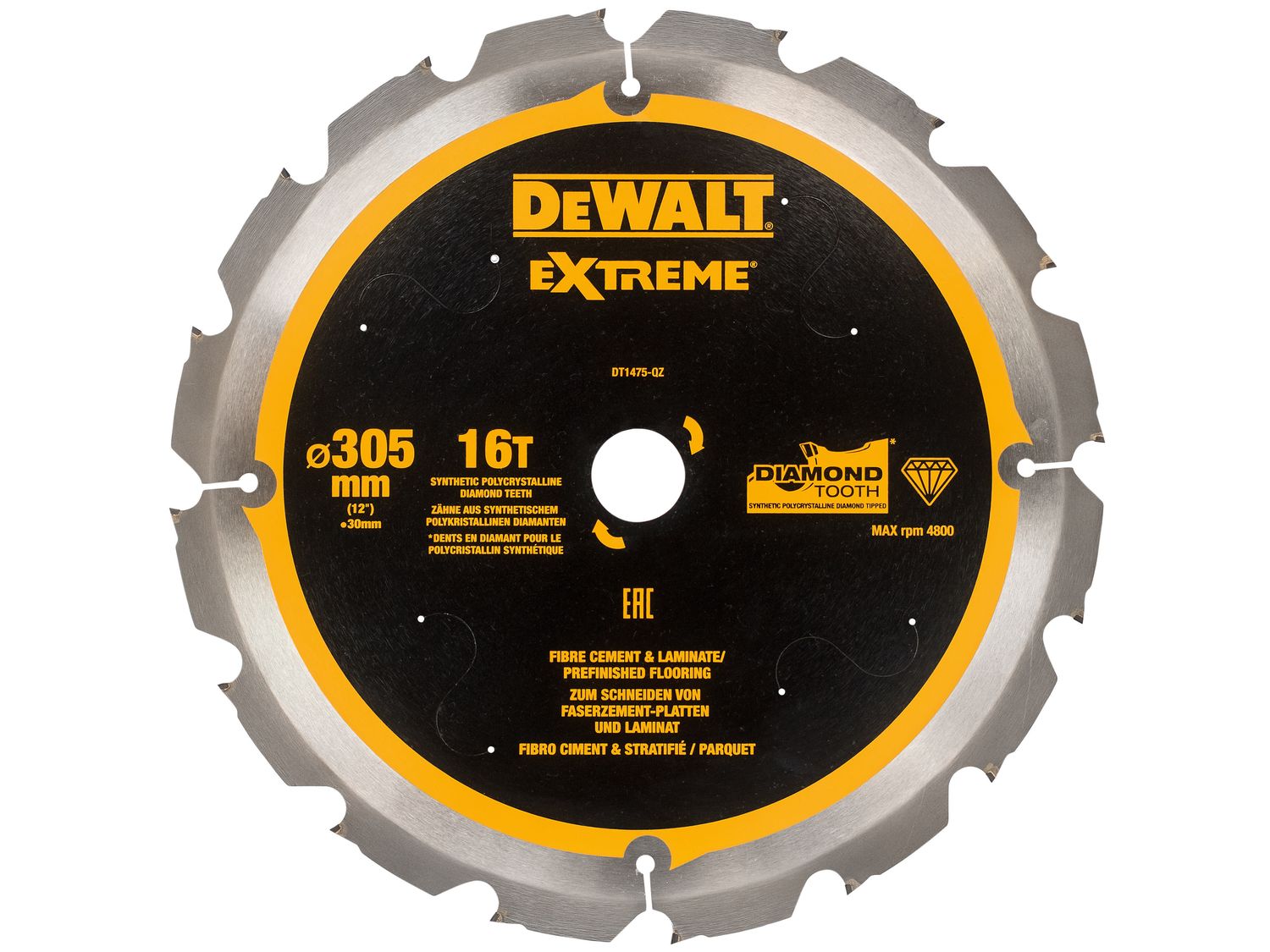 DEWALT DEWDT1475QZ Extreme PCD Fibre Cement Saw Blade 305 x 30mm x 16T