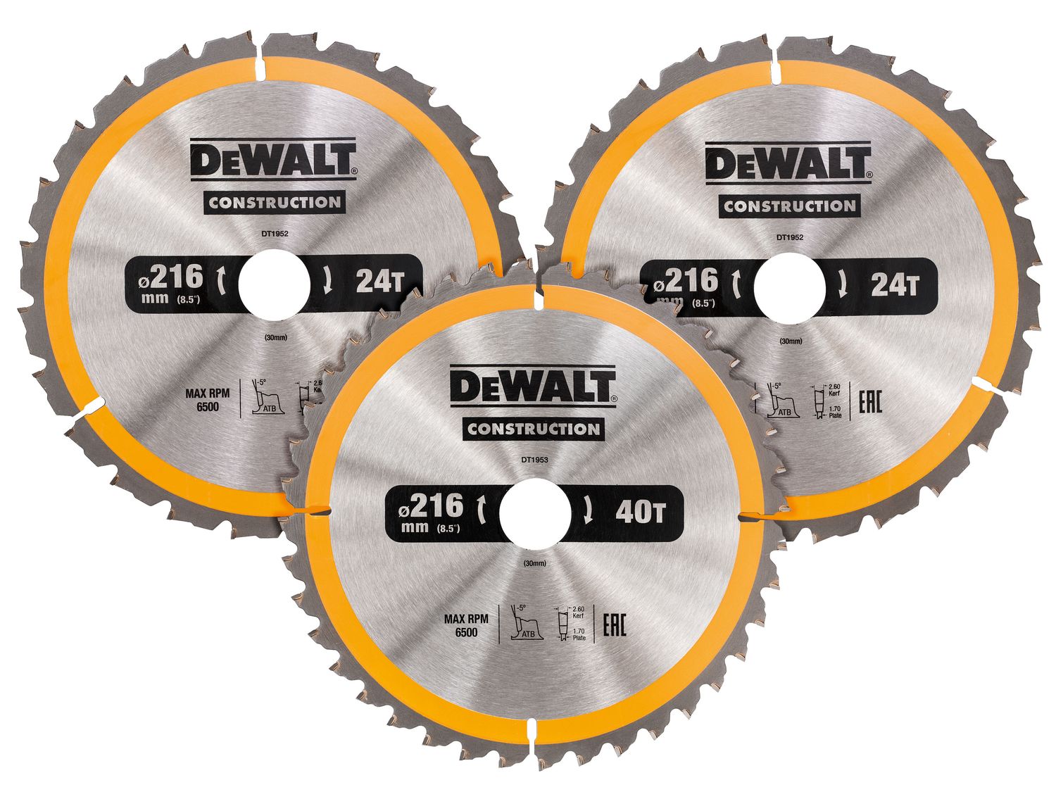 DEWALT DEWDT1962QZ DT1962 Construction Circular Saw Blade 3 Pack 216 x 30mm 2 x 24T 1 x 40T