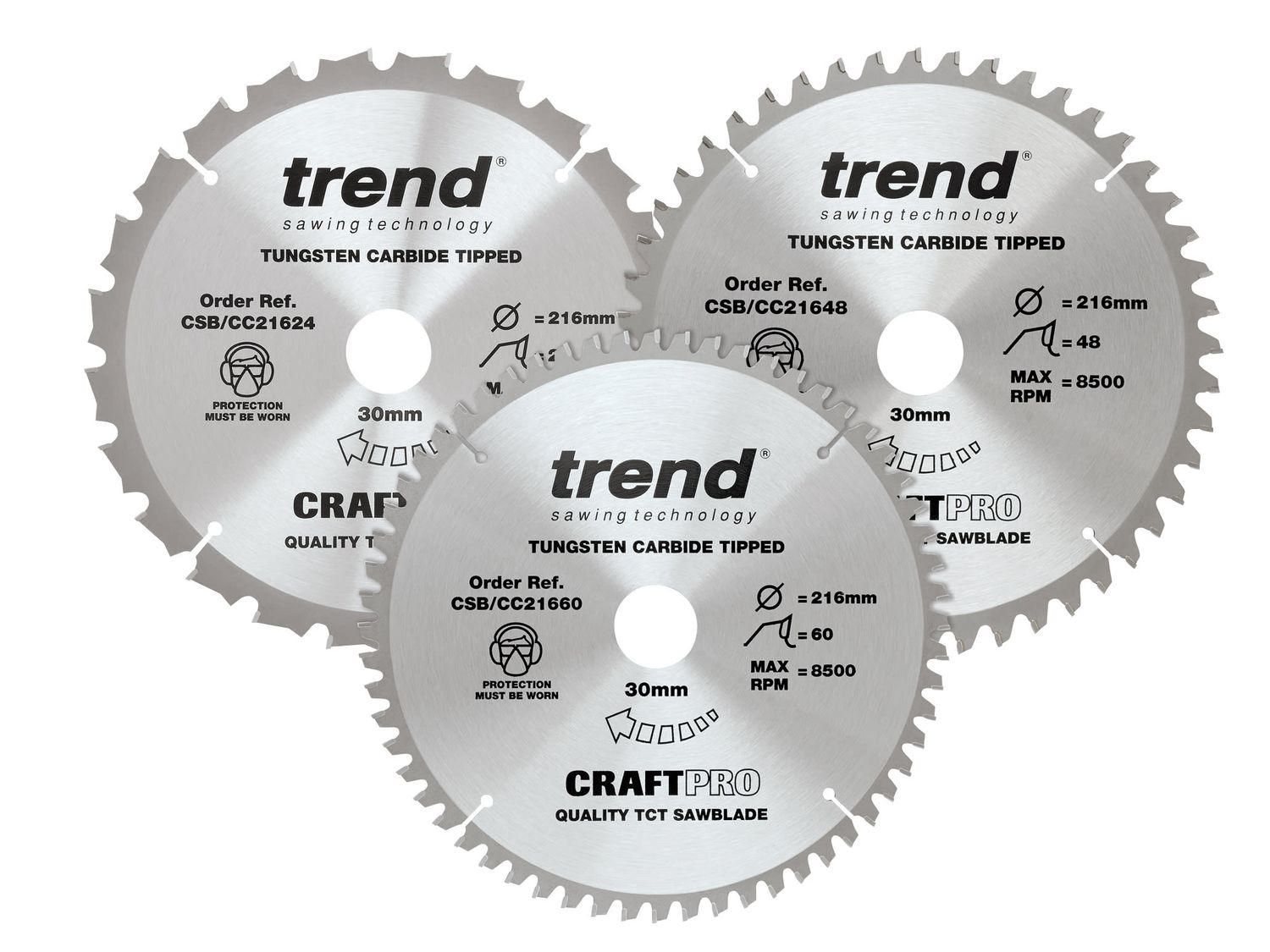 Trend TRECSB216P3 CraftPro Mitre Saw Blade 216 x 30mm x 24T/48T/60T (Pack 3)