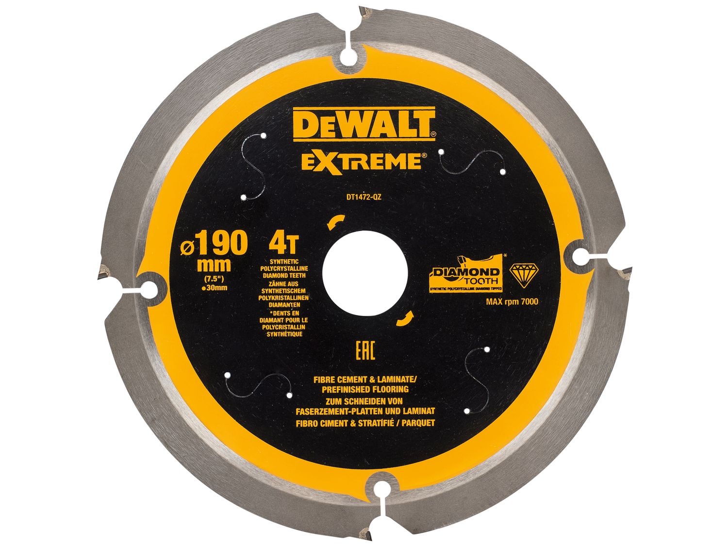 Dewalt DT1472 Extreme PCD Fibre Cement Saw Blade 190mm x 30mm x 4T